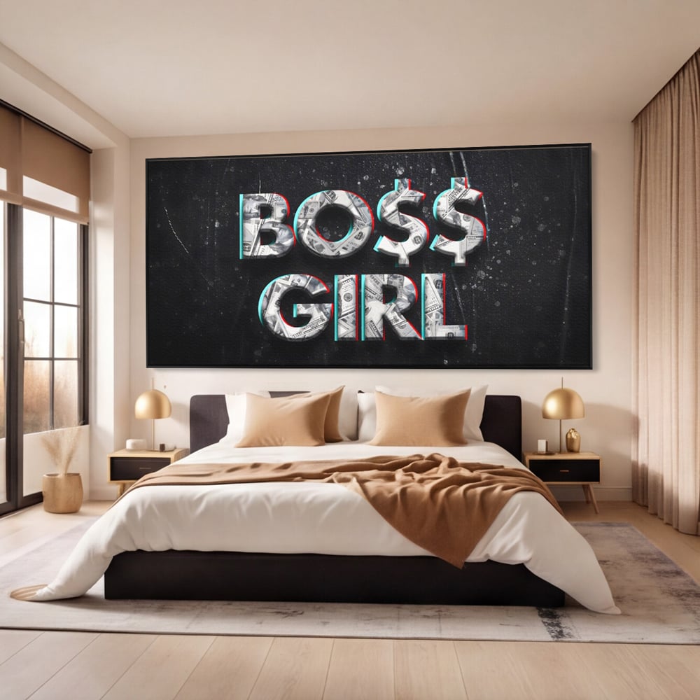 Tablou canvas cu tablou canvas motivant boss girl, in rama de aluminiu negru, pe perete intr-un dormitor